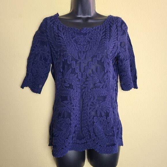 Laundry by Shelli Segal Sheer Navy Top - Picture 1 of 6